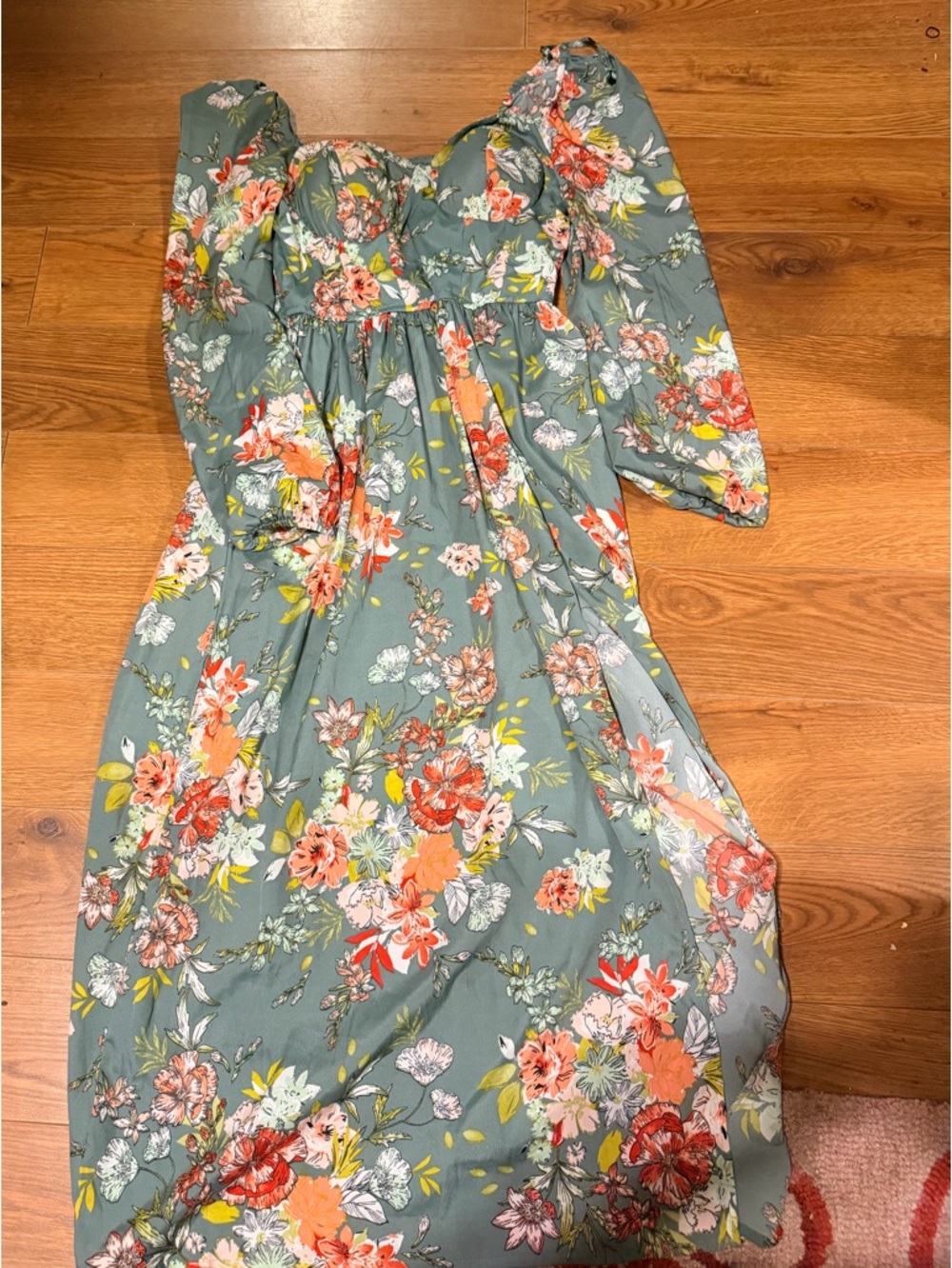 Floral Puff-Sleeve Midi Dress in Sage Green